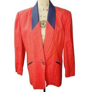 Vintage 80s Window Pane Plaid Red Navy Blue Clueless Blazer Shoulder Pads